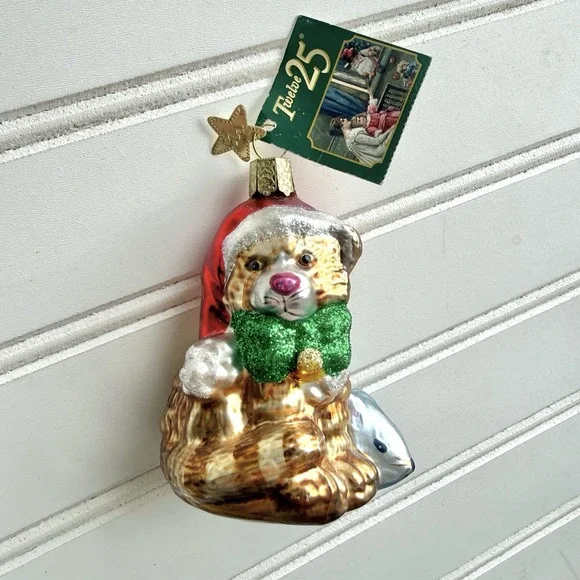 Old World Christmas Blown Glass Cat With Toy Mouse w/ Tag OWC Glitter VINTAGE - Picture 1 of 7